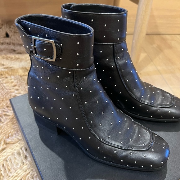 SAINT LAURENT | YSL Black Studded Leather Ankle Boots - Picture 10 of 11